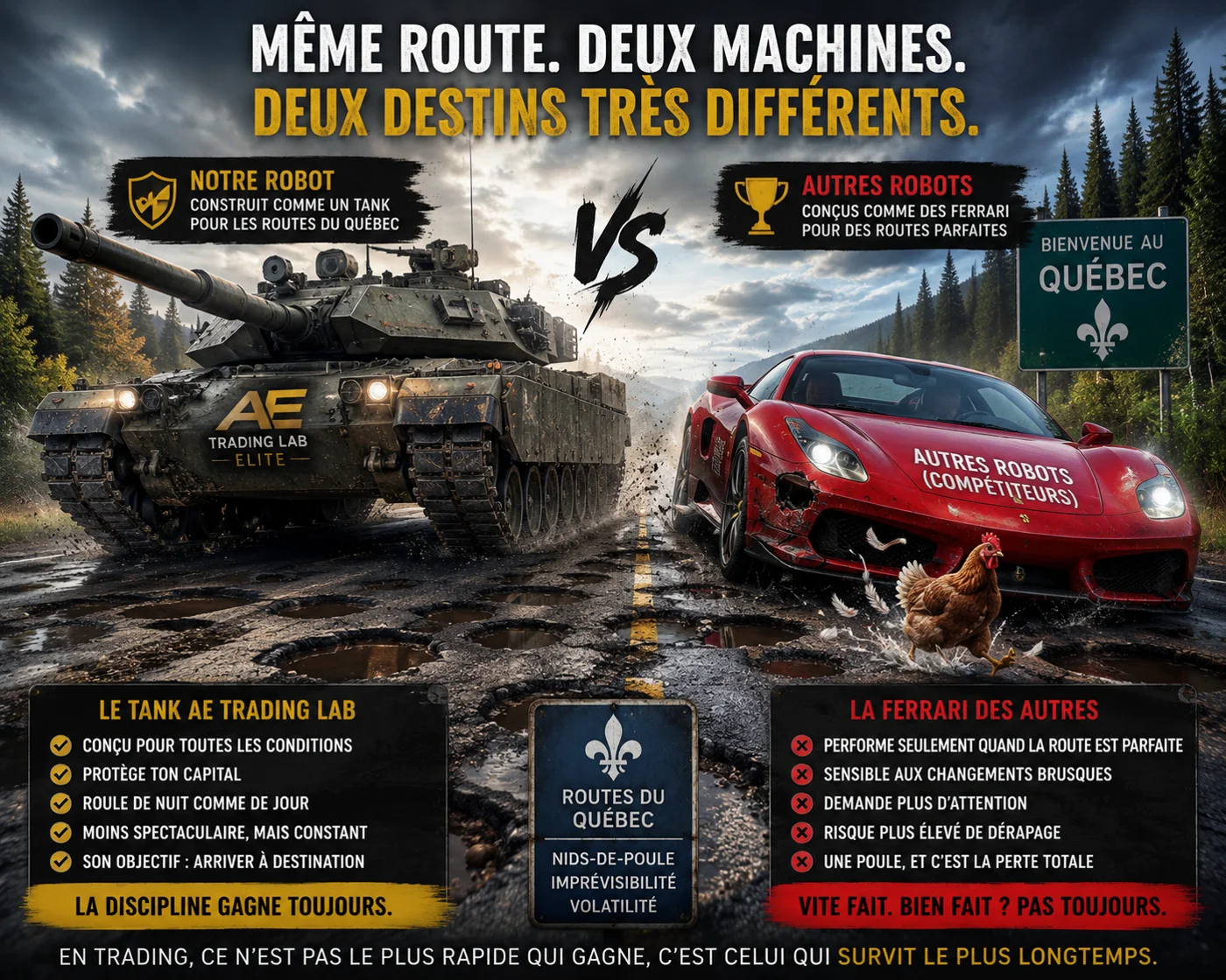 Infographie AE : le tank AE Trading Lab contre la voiture de course